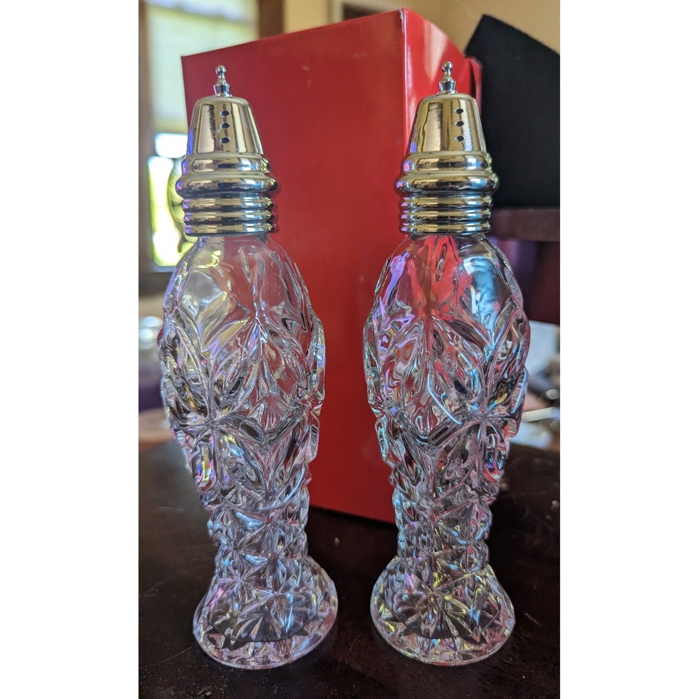 Vintage Cut Glass Salt & Pepper Shaker Set Silvertone Metal Lids 7" Tall